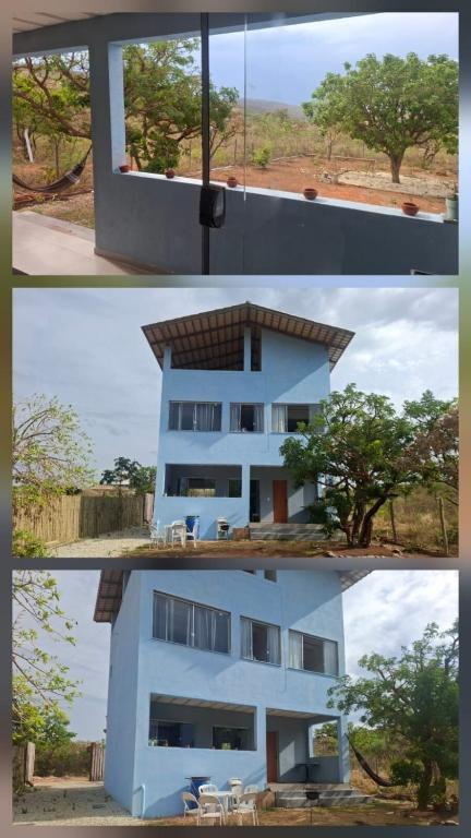 two pictures of a building with a tree and a house at Cantinho da Meirinha in Santana do Riacho