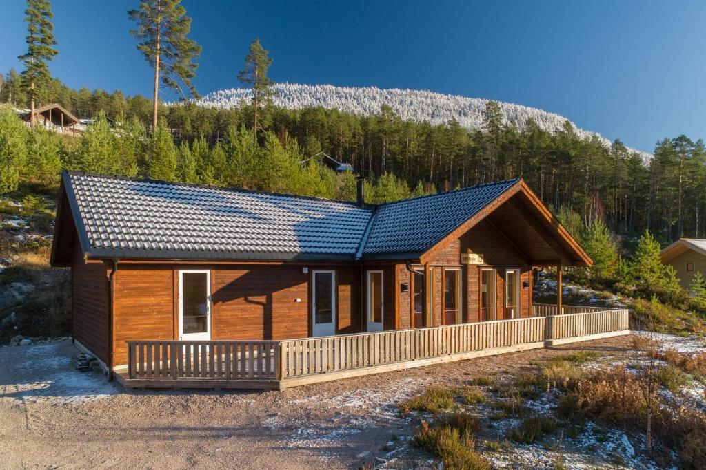 a log cabin with a porch and a roof at Solstråle Hytte 6p in Vradal