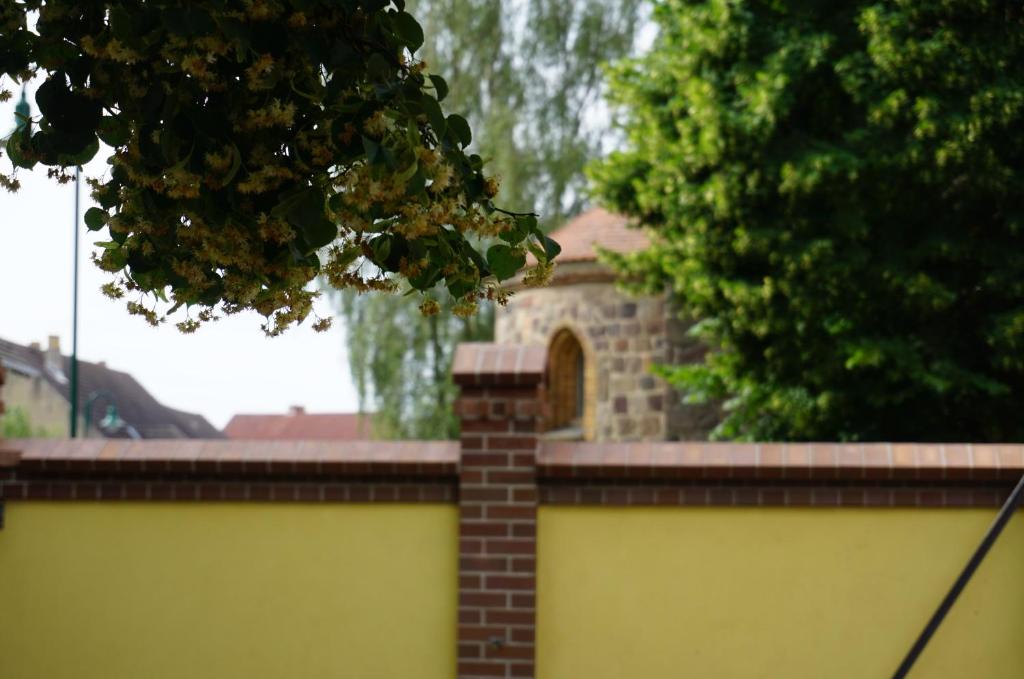 uma cerca amarela com uma parede de tijolos em frente a uma casa em L&L Skaters Home em Langenlipsdorf