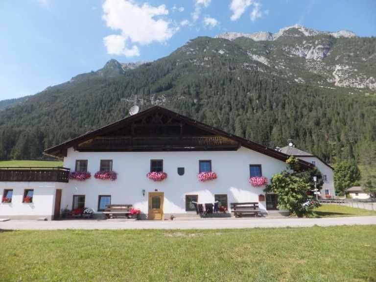 a large white building with mountains in the background at Lippenhof in Leutasch