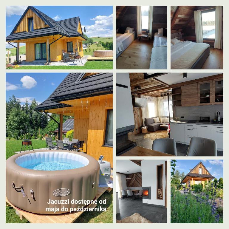 a collage of pictures of a house with a hot tub at Willa Maciejka - Domek Narciarski in Trybsz