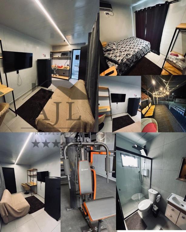 a collage of photos of a bedroom and a room at AJL Hospedagem Container in Curitiba