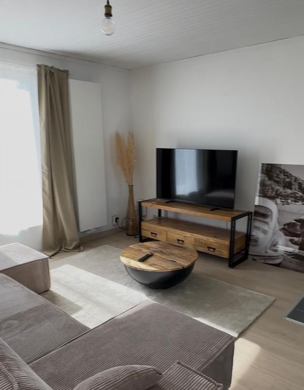 a living room with a flat screen tv and a couch at Antwerp West Side, Fireplace in Zwijndrecht