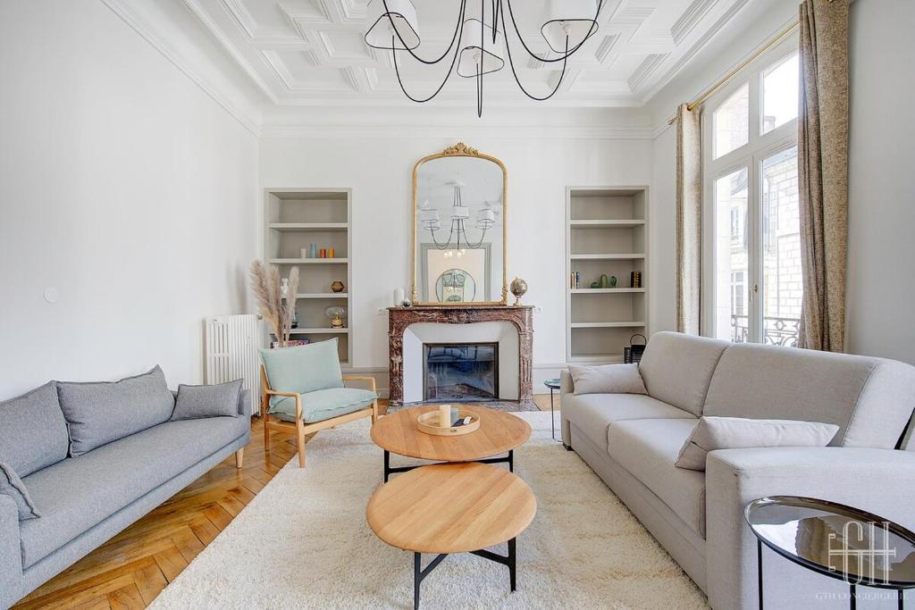 a living room with a couch and a fireplace at Spacieux Appartement - Type Haussmannien - Wifi in Tours