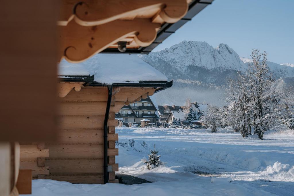 a building covered in snow with a mountain in the background at Tatrowisko Zakopane Domki Góralskie in Zakopane