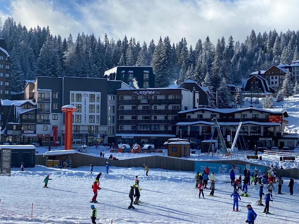 a group of people on skis in the snow at Hedonizam Jahorina 2 in Jahorina