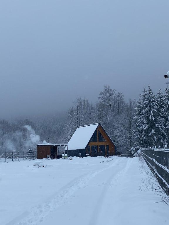 a barn covered in snow in a snowy field at Cozy Aframe Valea Doftanei in Trăisteni