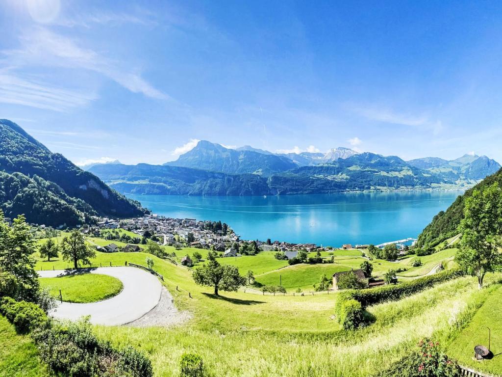 a view of a valley with a lake and mountains at Apartment Platten by Interhome in Gersau
