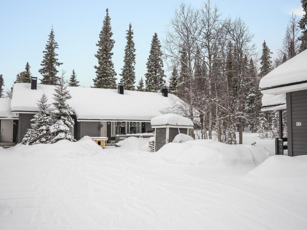 a house covered in snow with trees and trees at Holiday Home Tunturinvieri l3 by Interhome in Ylläsjärvi