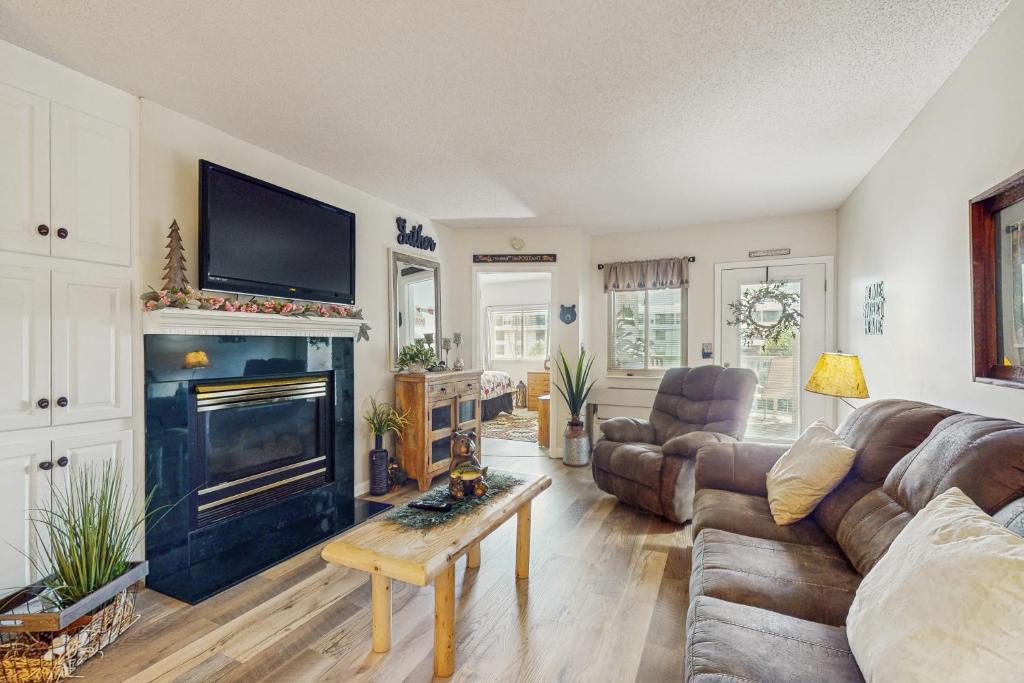 a living room with a couch and a fireplace at Delightful Condo Sleeps 6 Shared Pool Picnic Area in Pigeon Forge