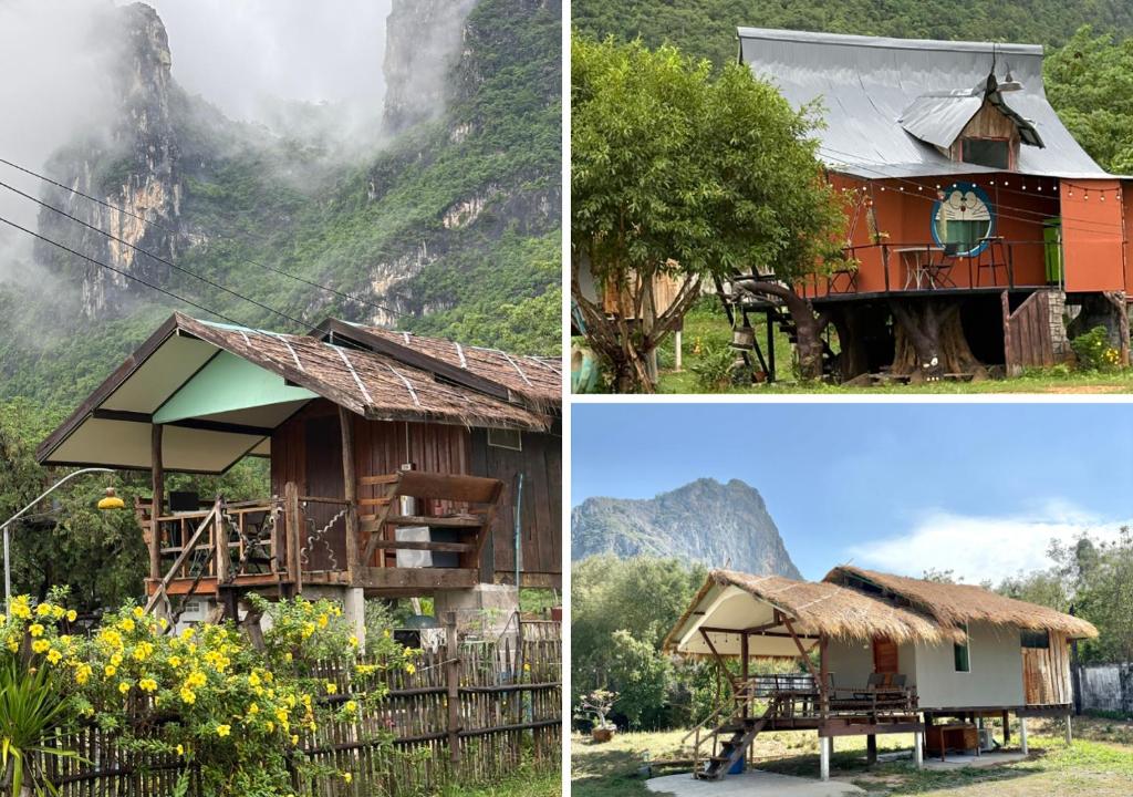 a collage of three pictures of a house at ริมบึงโฮมสเตย์ in Ban Phu Noi