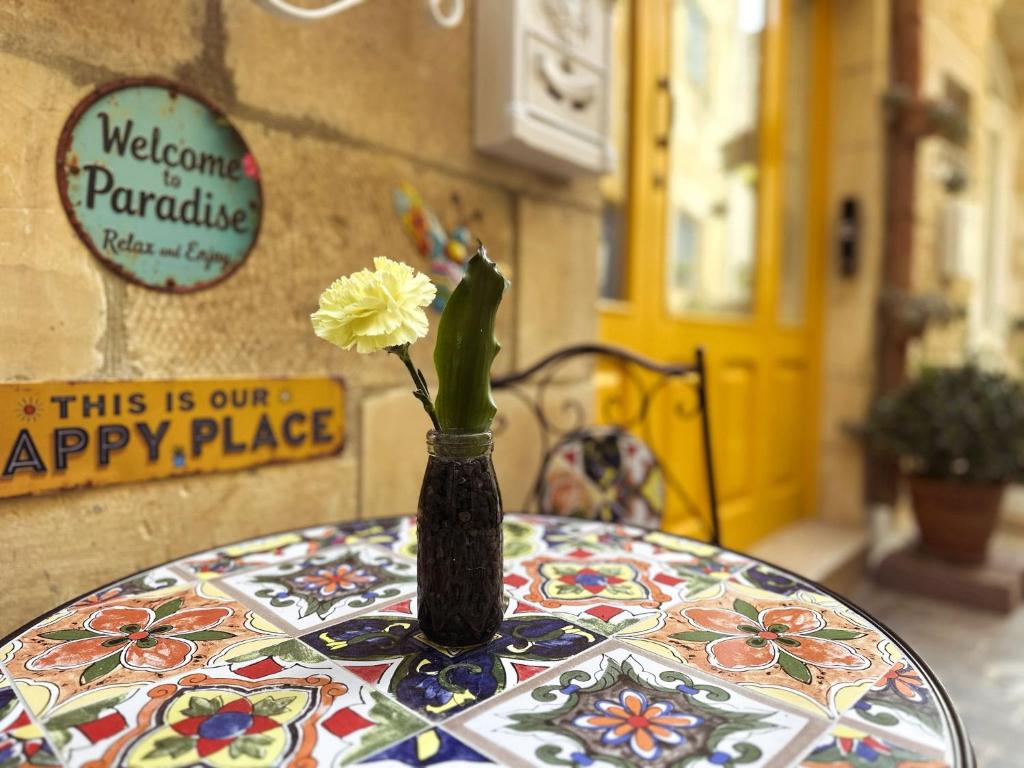 a vase with a flower in it sitting on a table at Mandaraggio Stays in Victoria