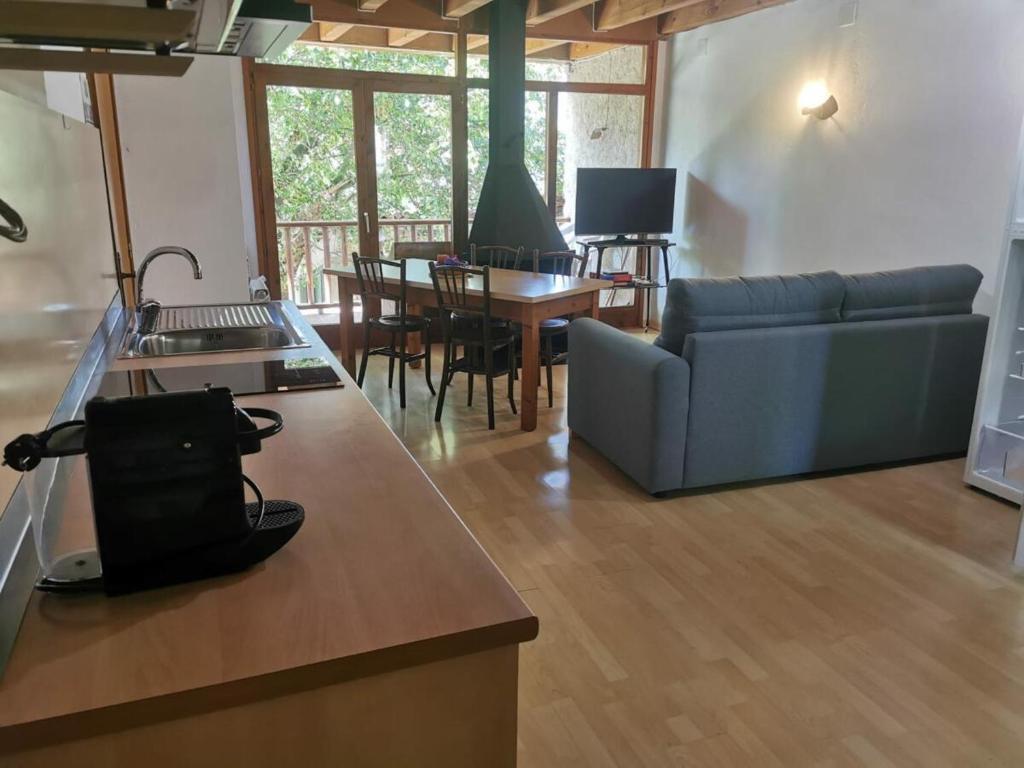 a kitchen and living room with a couch and a table at Allotjaments rurals Can Punti in Vallfogona de Ripolles