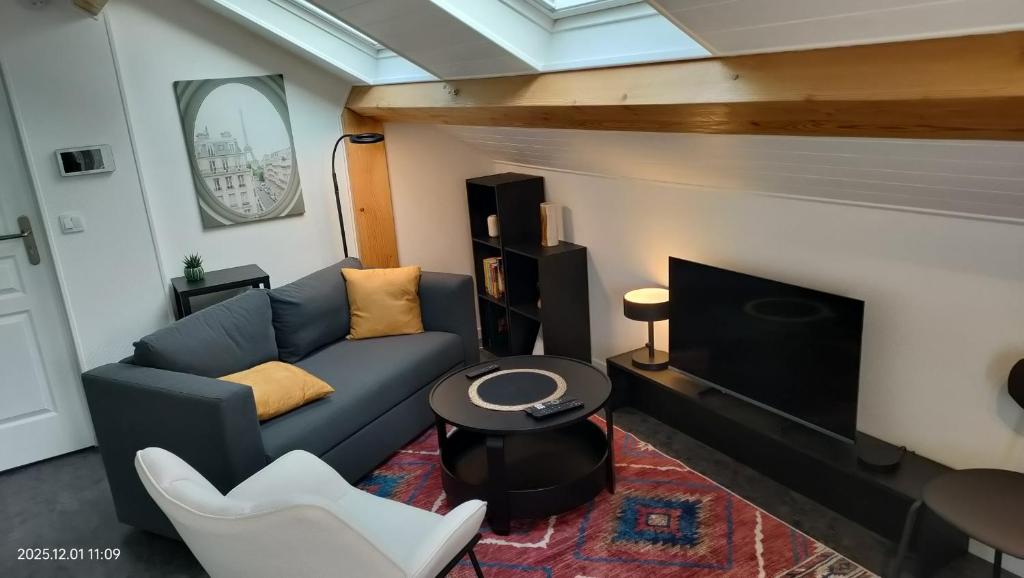 a living room with a couch and a fireplace at WhiteHouse Lozère in Palaiseau