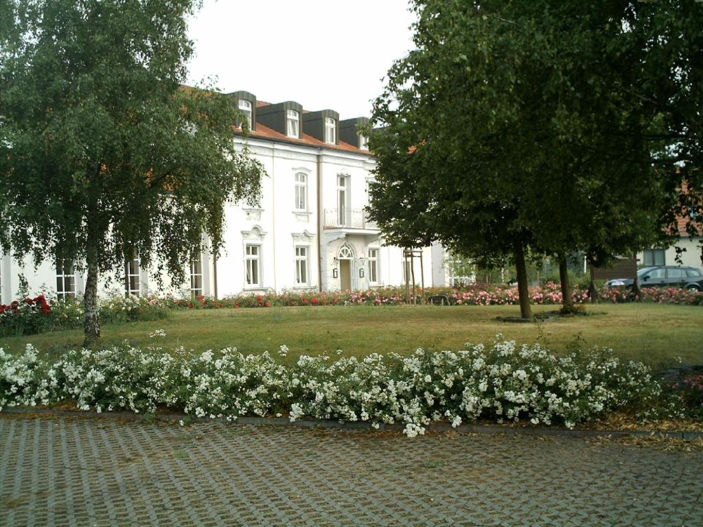 a large white house with a bunch of white flowers at Hotel Schützenhaus in Bad Düben