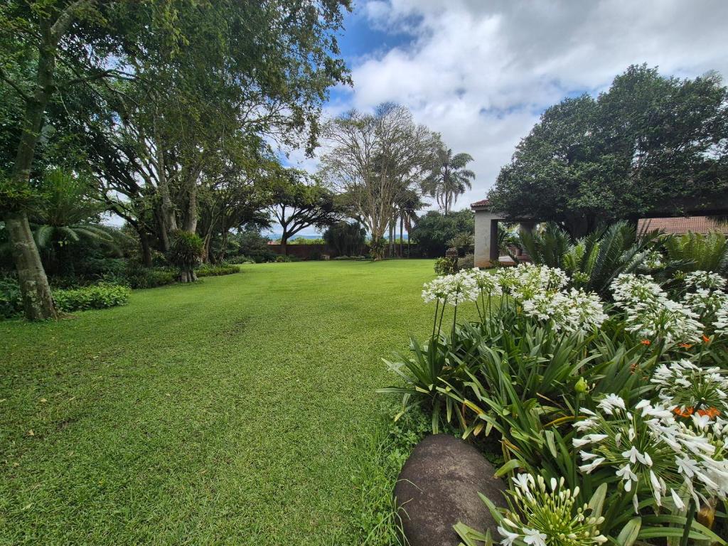 a garden with white flowers and a yard at The Macadamia Nut Farm House in White River