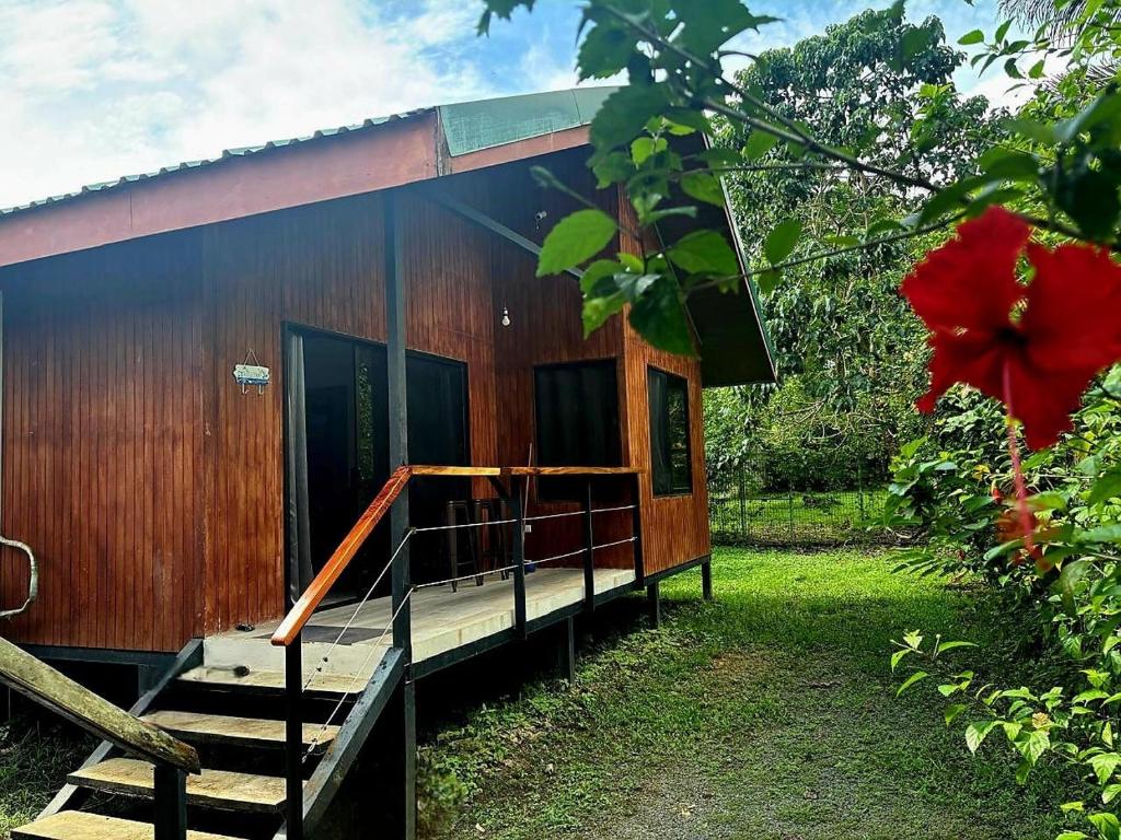a wooden cabin with a porch and a red flower at Cabinas Guacamaya in Cabuya
