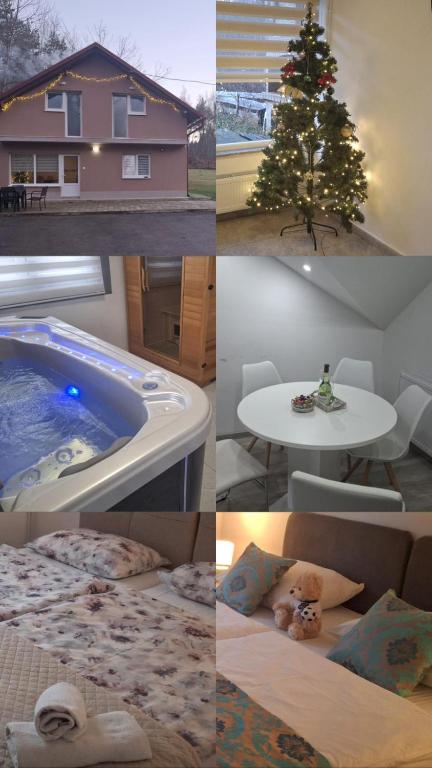 a collage of pictures with a christmas tree and a tub at Apartman Vedro Polje in Gospić