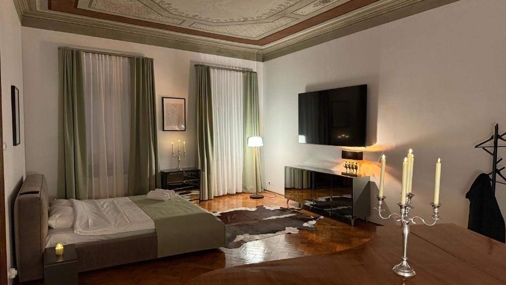 a bedroom with a bed and a flat screen tv at Studio Balcescu in Sibiu