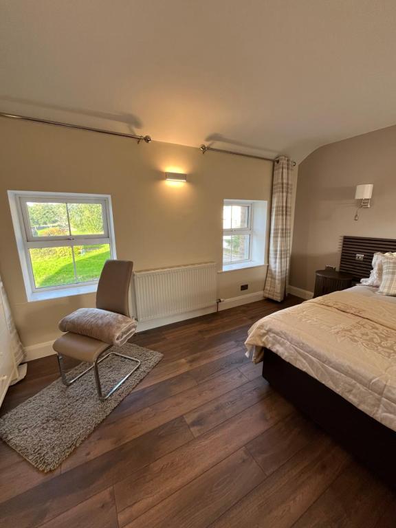 a bedroom with a bed and a chair and a window at Time Out Accommodation in Cahersiveen