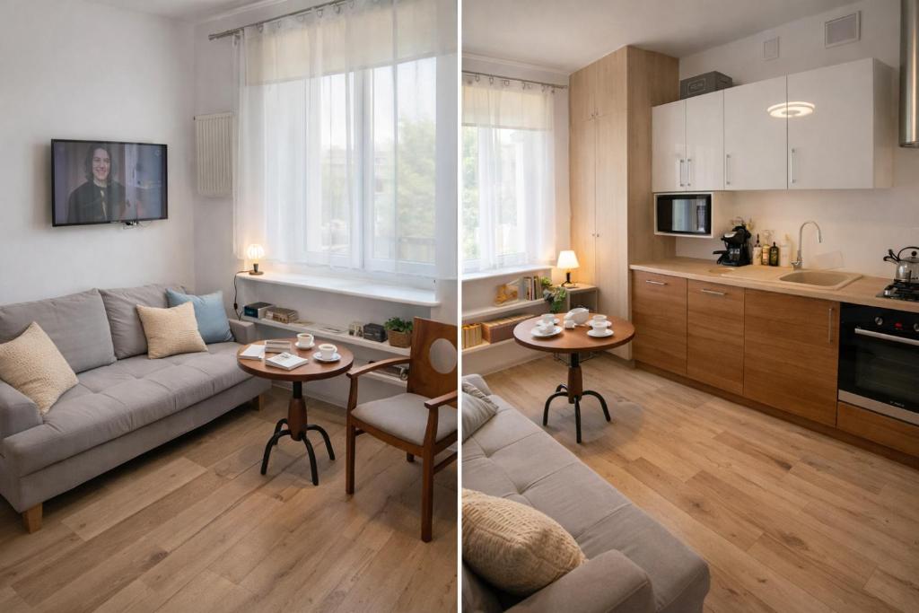 two pictures of a living room and a kitchen at Gdynia99 in Gdynia