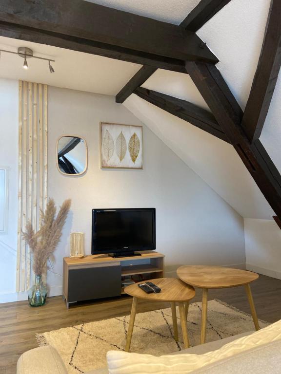 a living room with a tv and a table at Bel appartement 2 pièces in Soufflenheim
