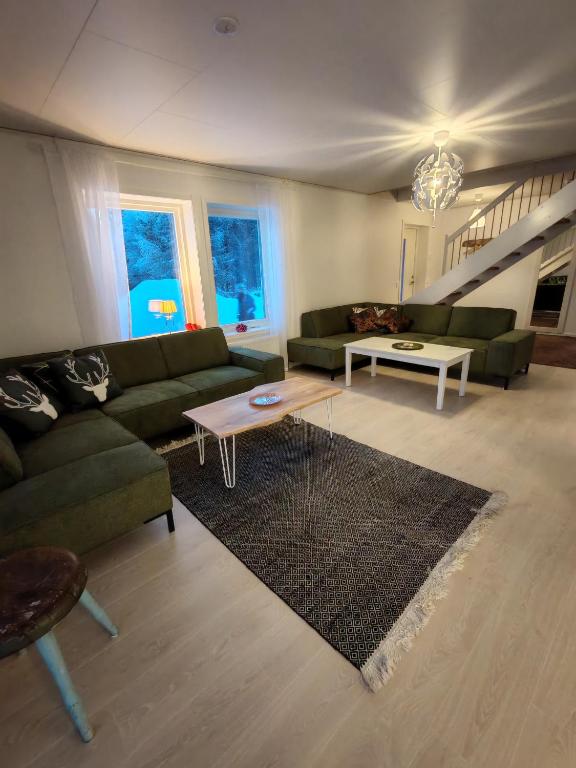 ein Wohnzimmer mit einer grünen Couch und einem Tisch in der Unterkunft Ailotar in Inari