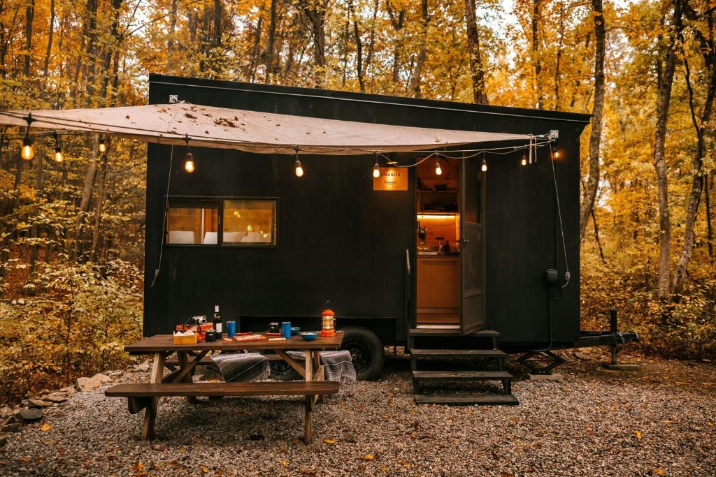 a black tiny house in the woods with a picnic table at Postcard Cabins Mount Adams, Outdoor Collection by Marriott Bonvoy in Glenwood