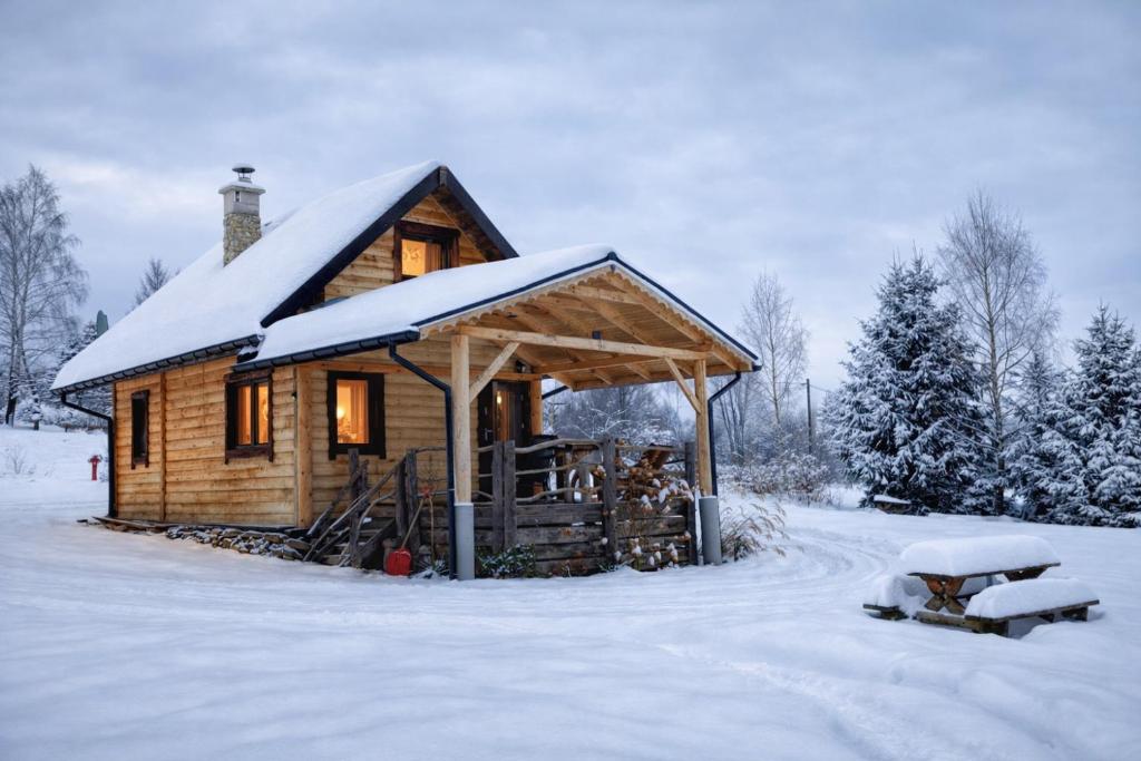 a wooden cabin with a snow covered roof in the snow at Chata Umilajka Bieszczady in Czarna