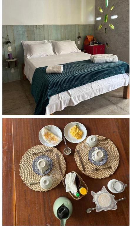 two pictures of a bed with bowls of food on a table at Odoyá Corumbau in Corumbau