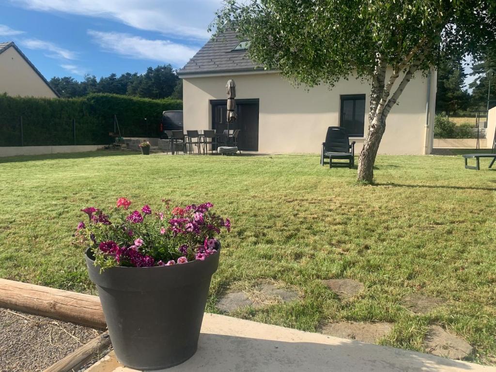 a pot of flowers sitting on a fence in a yard at Gîte Nath'ure in La Celle-sous-Gouzon