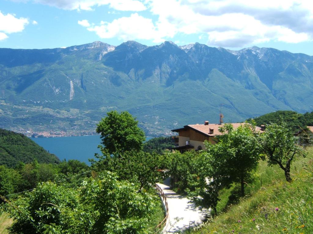 een huis op een heuvel met bergen op de achtergrond bij Agriturismo La Zangola in Tremosine Sul Garda