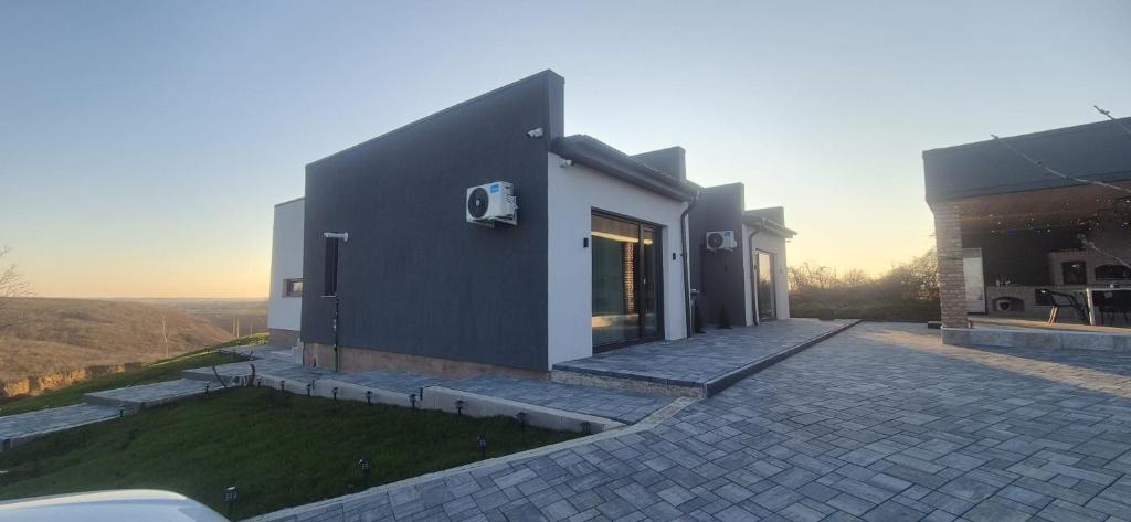ein schwarz-weißes Haus mit Terrasse in der Unterkunft Avabi Concept in Nenciu