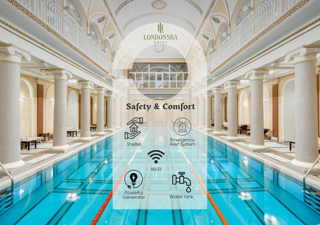Londonska SPA Hotel في أوديسا: مسبح كبير في مبنى عليه لافتة مكتوب عليها "السلامة والراحة"