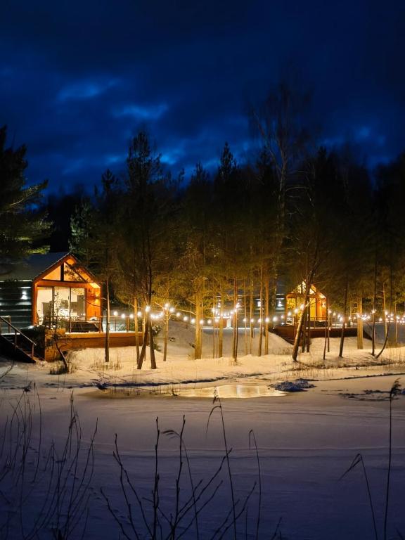 a person walking in the snow at night at Sauna ja kümblustünniga puhkemaja-MöK Puhkemajad in Takhkuranna-Leyna