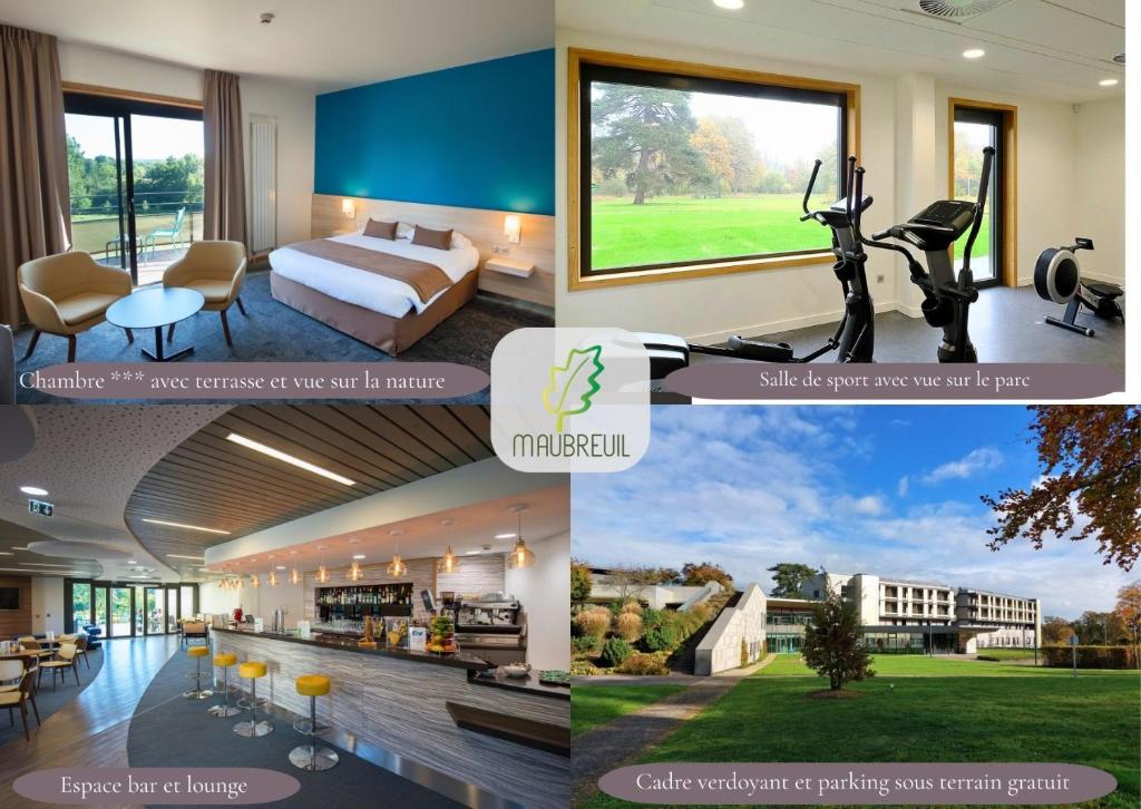 a collage of photos of a hotel room at Maubreuil Séminaires in Carquefou