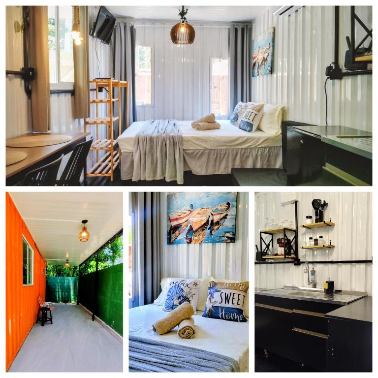a collage of three pictures of a bedroom at Refúgio Aconchegante in São Sebastião