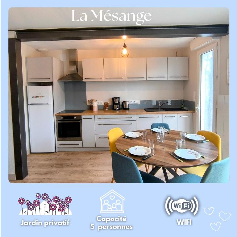 a kitchen with a wooden table and a white refrigerator at La Mésange - Cosy - 10mn du Parc in Mauléon