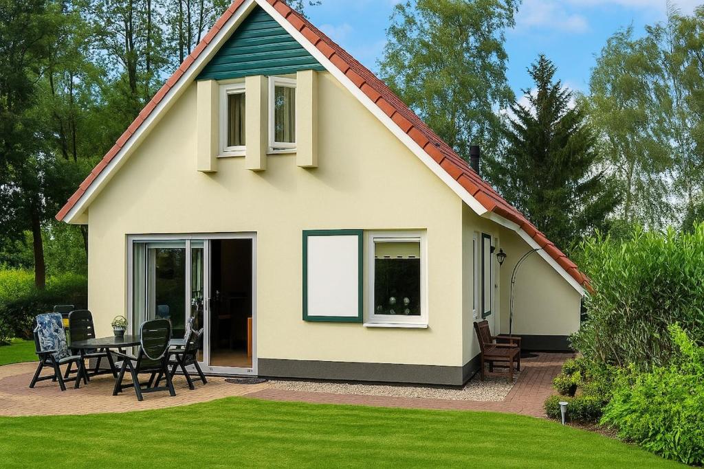 a small yellow house with a table and chairs at Huize Sallandse Stilte in Heeten