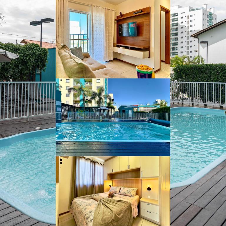 a collage of photos of a swimming pool at Apto em Barra Velha 340m da PRAIA com SACADA com CHURRASQUEIRA, AR CONDICIONADO WI-FI, PISCINA, PORTARIA 24h, ACADEMIA MINI MERCADO e vaga de GARAGEM in Barra Velha