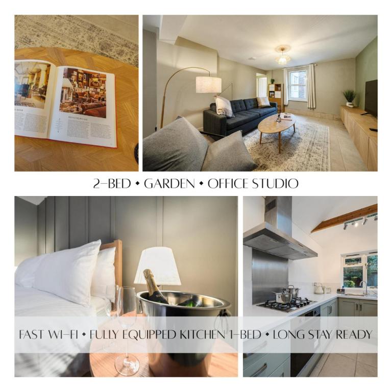 a collage of photos of a living room and a kitchen at Spacious 2-Bed House with Garden Office in Oxford