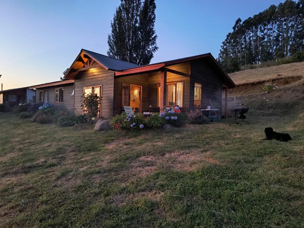 a house with a cat sitting in front of it at Casa Bella Vista Futrono in Futrono