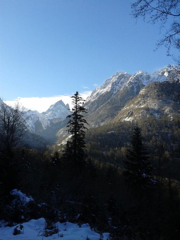 a view of a mountain range with snow and trees at location Mirande 3 chamb 8 couchages 9 rue de soupon in Laruns