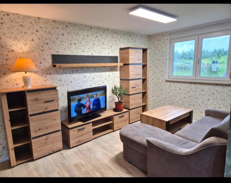 a living room with a couch and a tv in it at Lewitz-Urlaub in Lübesse