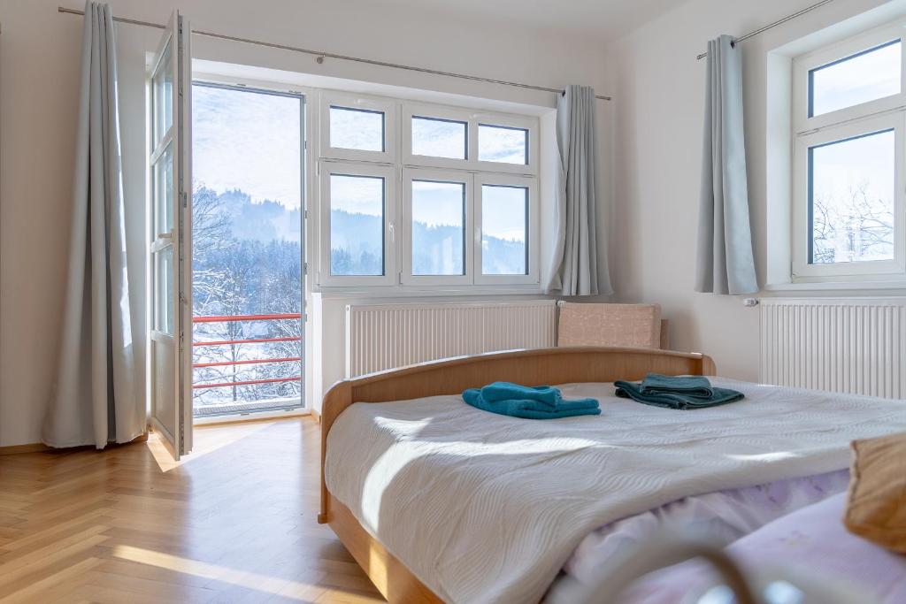 a bedroom with a bed with two blue shoes on it at Villa Weber Apartments in Albrechtice v Jizerských horách