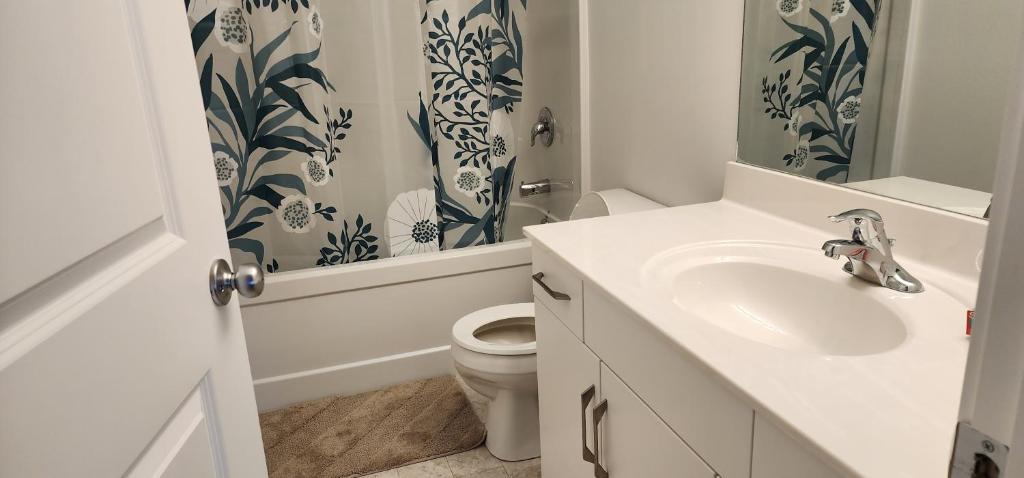 a bathroom with a sink and a toilet and a shower at ChessKings Apartments in Winnipeg
