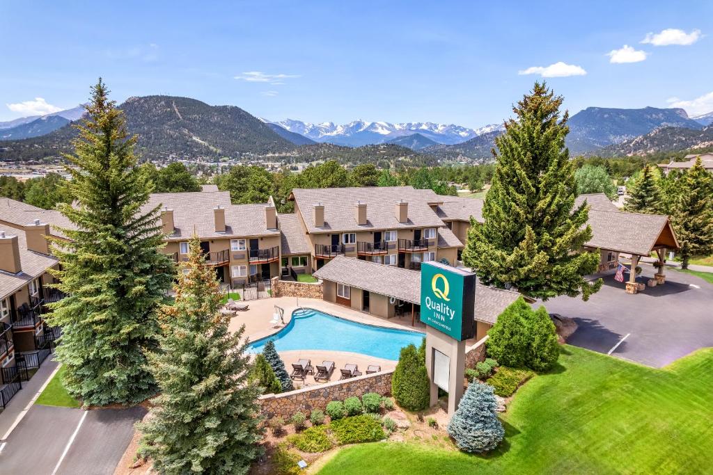 an aerial view of a resort property with a swimming pool at Quality Inn near Rocky Mountain National Park in Estes Park