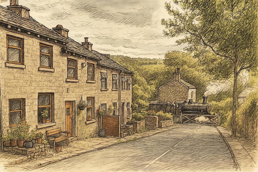 a drawing of a street next to some buildings at Hoot Cottage in Oakworth