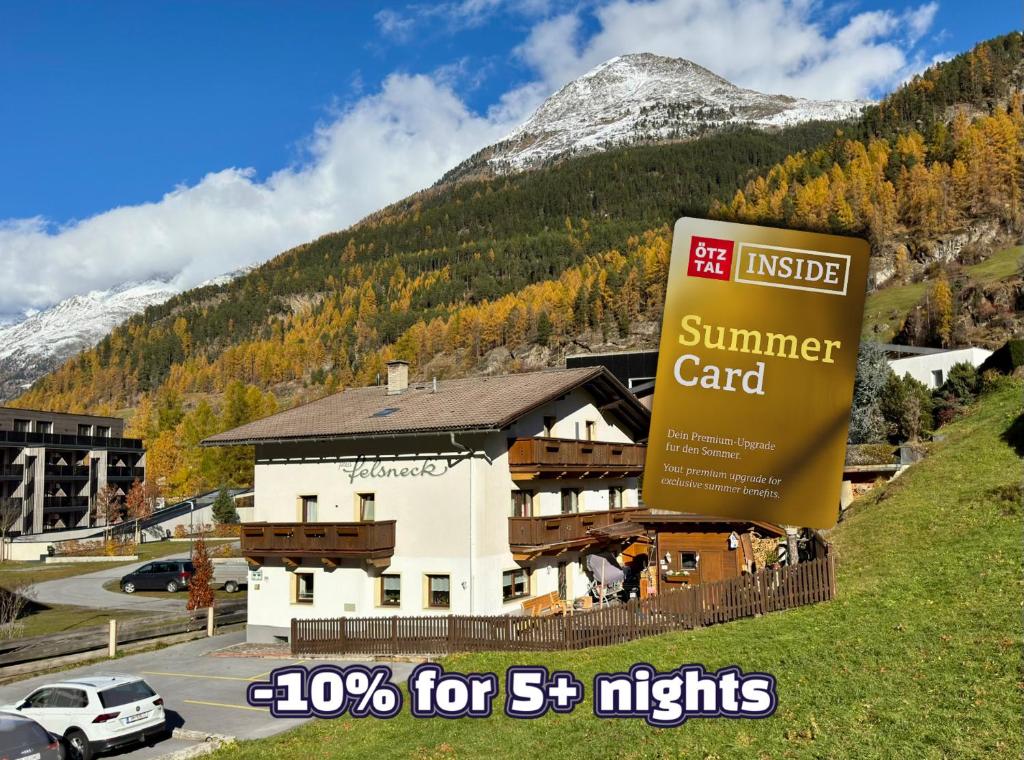a sign for a summer camp in the mountains at Haus Felsneck in Sölden