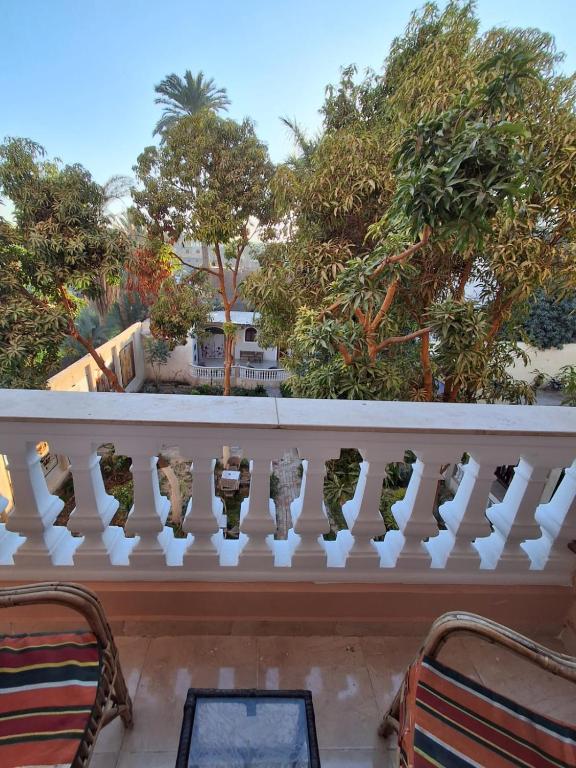 a balcony with a white railing and trees at El Agamy Hotel Apartment in Luxor